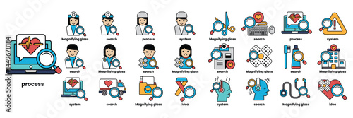 A Set of illustrations in the concept of magnifying glasses and medical equipment in a line style