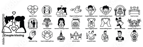 collection of love themed icons including a couple kissing a wedding