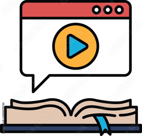 A book with a speech bubble and a play button on the cover