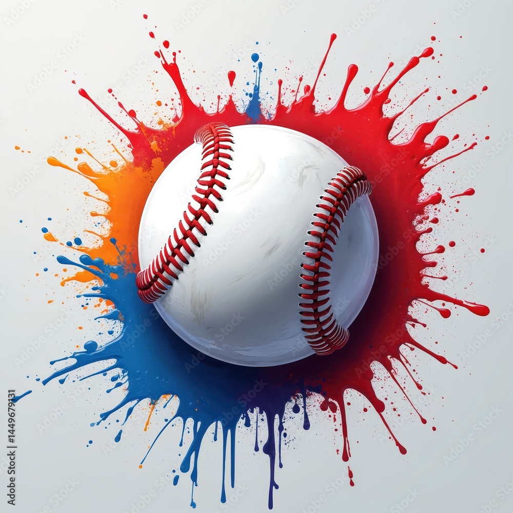 Baseball ball with red stitches, dynamic paint splash. Red, blue, orange paint splatters in artistic design. Sport, competition concept. Artistic baseball theme.