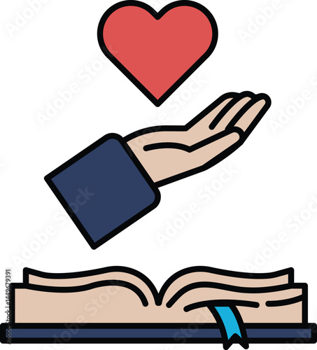 A hand is holding a heart above an open book