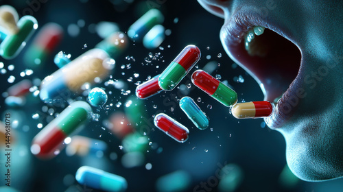 Dynamic image depicting colorful capsules and pills being consumed, symbolizing health, medicine, and pharmaceutical concepts. scene is vibrant and energetic