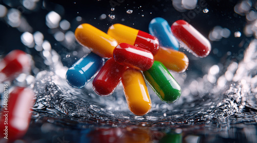 Collection of colorful pills splashes dramatically into water, creating surreal and dynamic scene. vibrant capsules contrast with clear liquid, emphasizing motion and energy