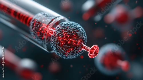 Close up of syringe injecting red, spherical virus like particle, symbolizing gene therapy or biotechnology advancements. image conveys sense of innovation and scientific progress