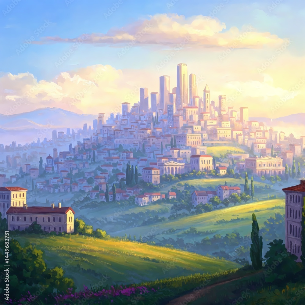 Fototapeta premium Dreamy cityscape at sunset with rolling green hills 