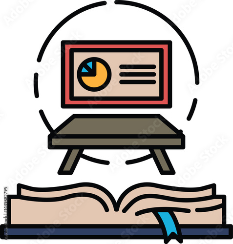 A book is open to a page with a picture of a table and a slide projector