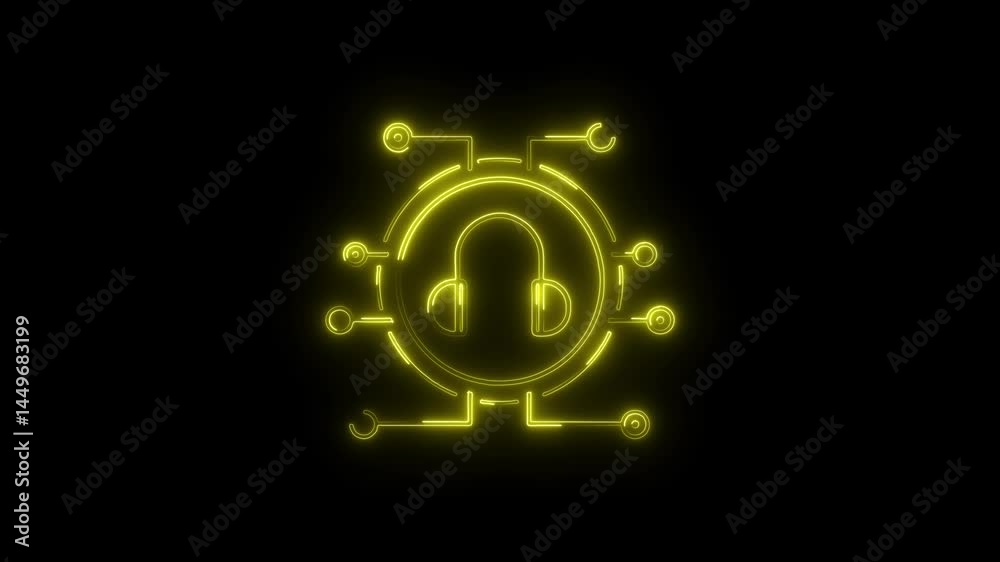 Neon headphone icon with futuristic circuit design on black background Neon headphone icon with futuristic circuit design on black background