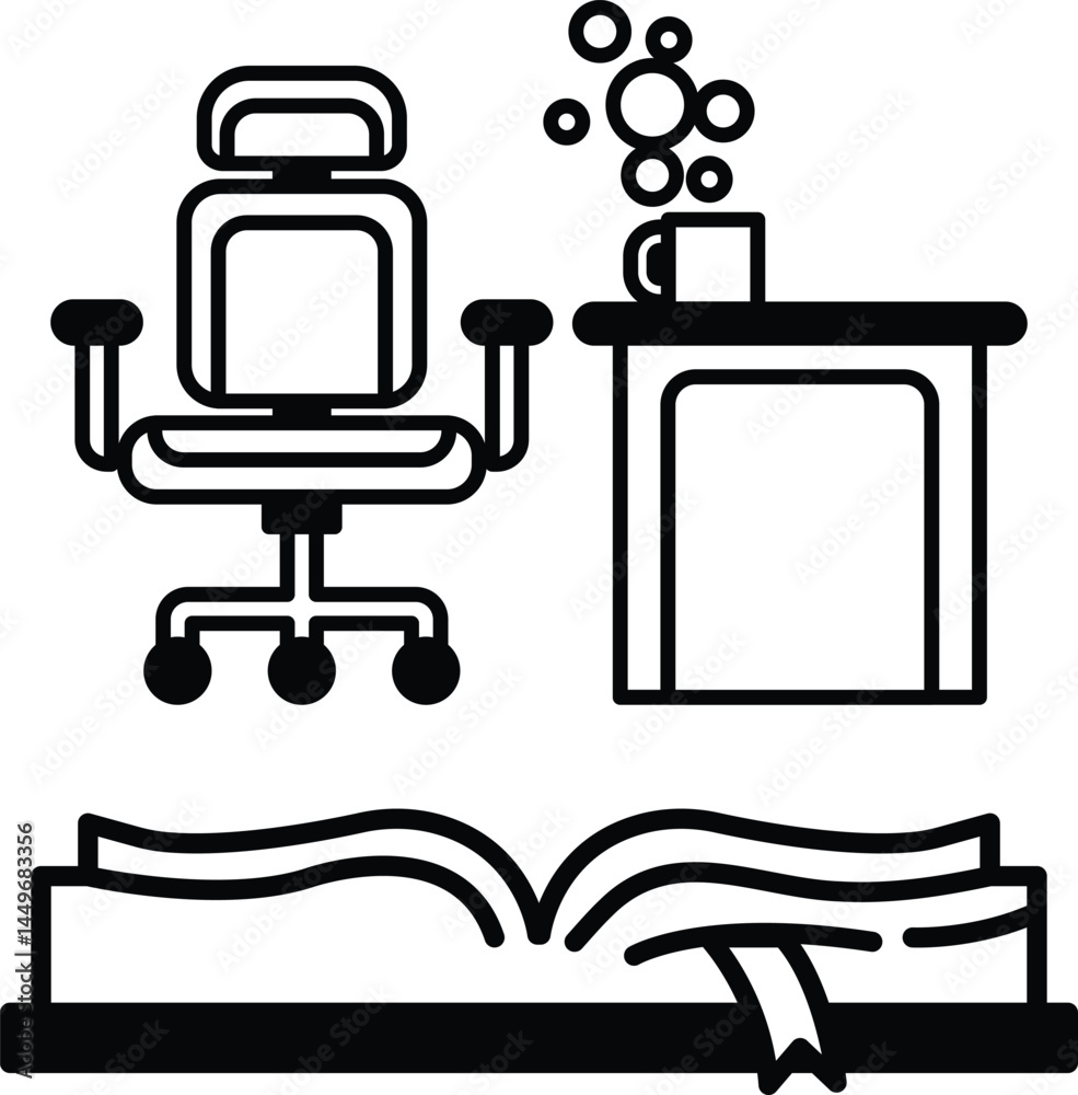 Naklejka premium book is open on a table with a chair and a cup of coffee