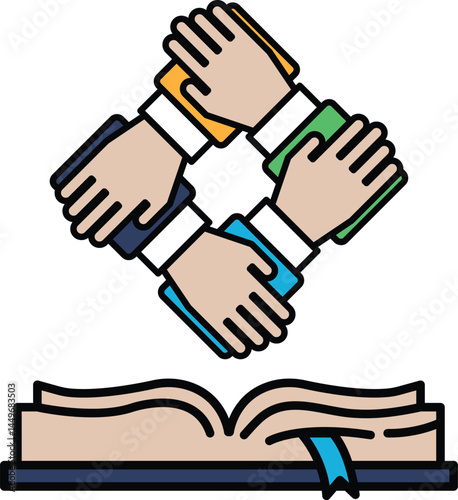A hand is shown in the middle of a book with four other hands surrounding it