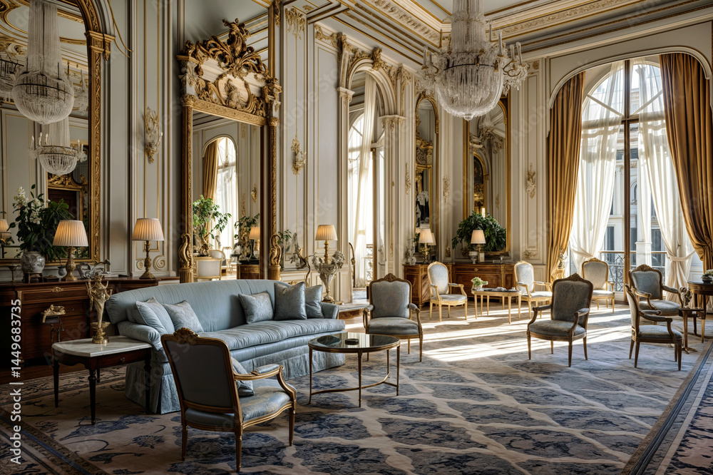 Obraz premium Ornate room, luxury interior. Chairs, sofa, and mirrors. Chandeliers, large windows, and natural light. Elegant, sophisticated.
