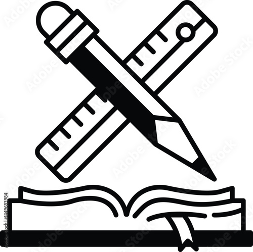 pencil and a ruler are drawn next to an open book