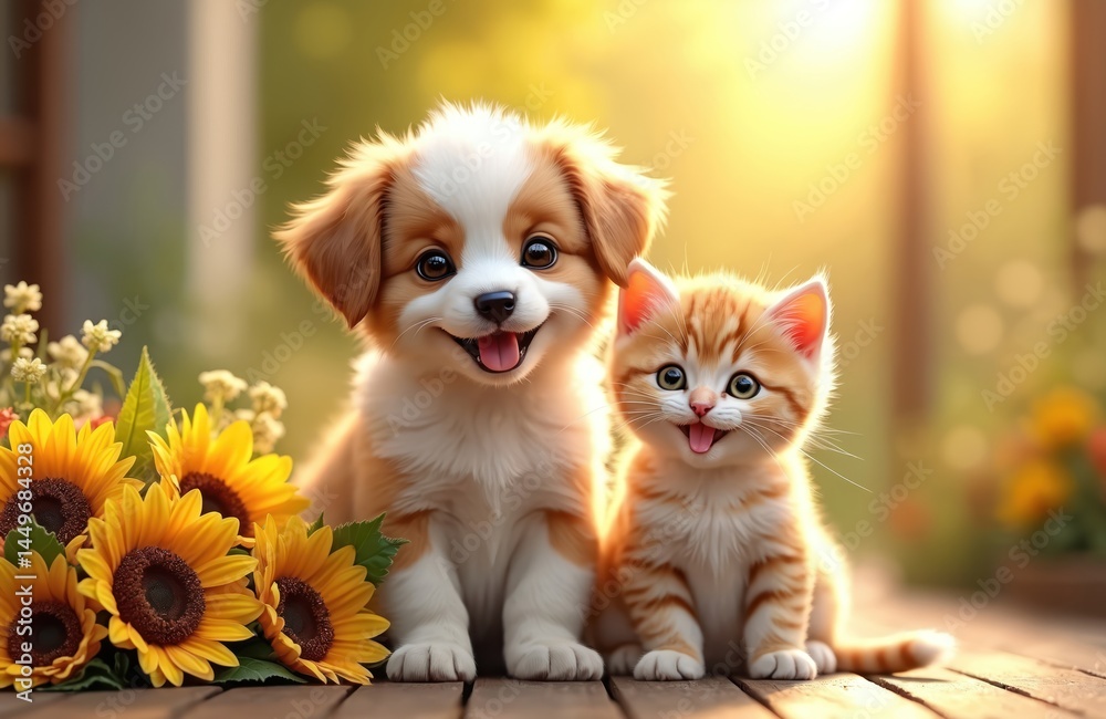 Illustration features smiling puppy kitten with bouquet sunflowers. Happy pets enjoy summer. Cute animals friends, playful mood, bright color, fluffy fur, bokeh background, home decor, greeting card,