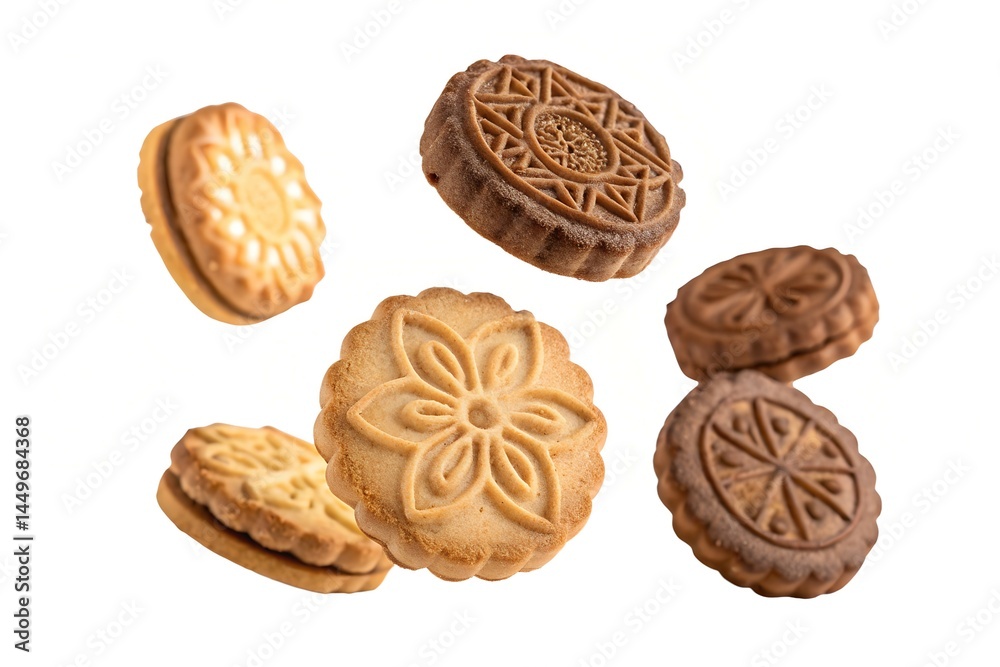 Assorted Biscuits with Floral Designs on White Background Assorted Biscuits with Floral Designs on White Background