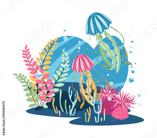 Jellyfish and Seaweed Underwater Scene. Marine Life Vector Illustration for Ocean Conservation, Educational Materials, and Aquarium Decor. Elegant Flat Design. photo