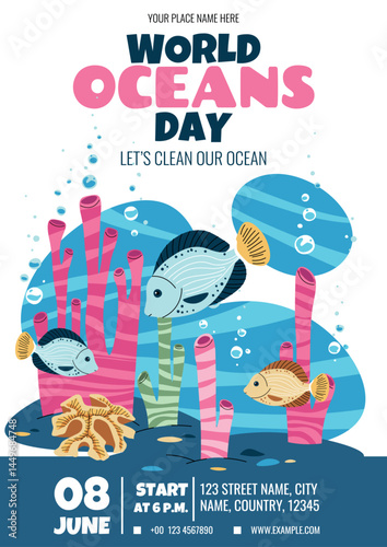 World Oceans Day Flyer. Vibrant Tropical Fish, Coral Reef and seaweeds Design. Poster for beach cleanups and Conservation Events. Invitation Template for Social Media and Print.