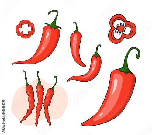 Chili hot pepper icon set. Red Chilli cayenne peppers. Flat design. White background. Isolated. Vector illustration