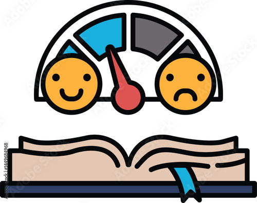 A book with a smiley face on the left page and a frowning face on the right page