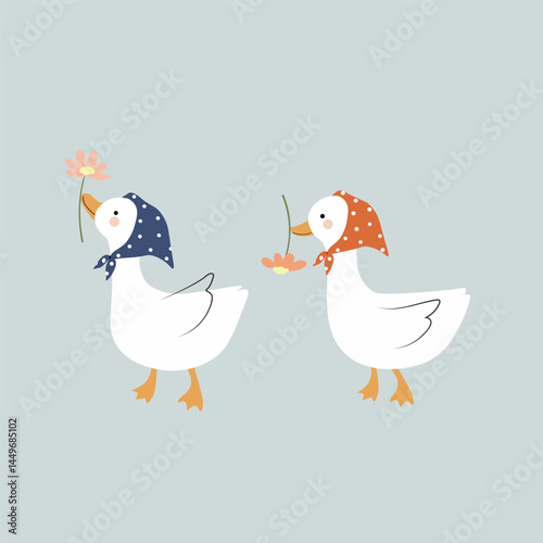 vector , illustration of ducks wearing polka dot head scarf and flowers in beaks  