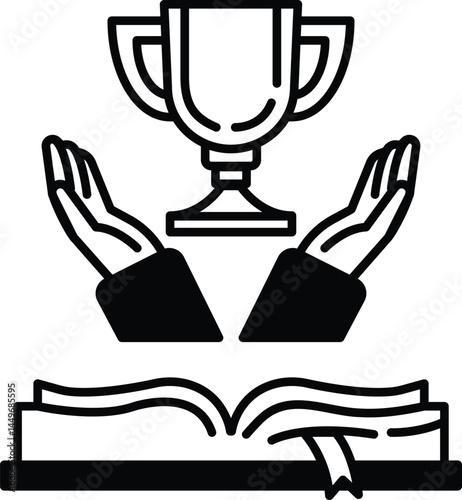 trophy is being held by two hands with an open book in the background