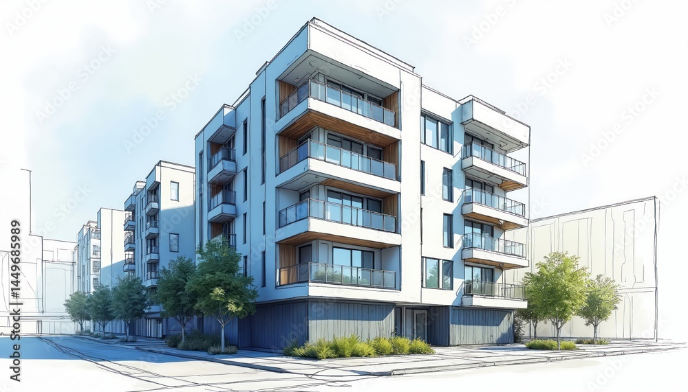 Architectural blueprint illustration modern apartment building. Construction plan shows urban housing, residential complex with balconies, green trees. Building design concept represents urban eco