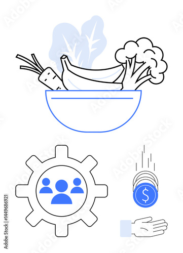 Bowl of vegetables, gear with people icon, coins dropping into hand. Ideal for nutrition, collaboration, economy, sustainability, health management, equity simple landing page
