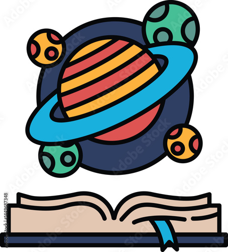 A book with a colorful illustration of a planet and a book cover