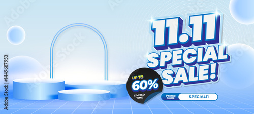 11.11 Special Shopping day Sale discount deals Light Blue gradient Editable text effect Showcase Podium Premium Horizontal Marketing banner