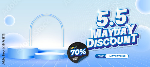 5.5 Shopping March day Sale discount deals Light Blue gradient Editable text effect Showcase Podium Premium Horizontal Marketing banner