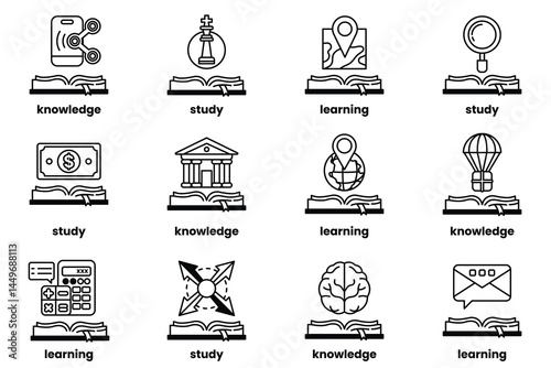 Set of illustrations in the concept of Books and knowledge in a line style