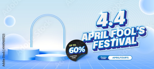 4.4 April Festival Shopping day Sale discount deals Light Blue gradient Editable text effect Showcase Podium Premium Horizontal Marketing banner