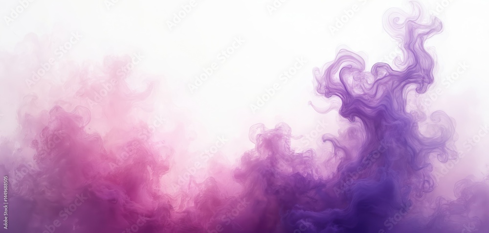 Abstract background design featuring swirling purple smoke. Isolated white backdrop with fluid shapes, waves, motion and energy. Modern digital art. Perfect for presentations or creative projects.