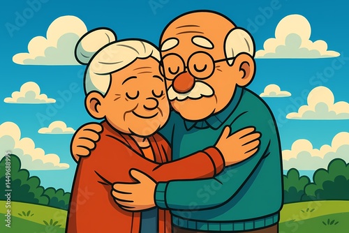 Elderly couple embracing joyfully in a sunny park  