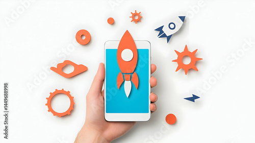 Hand Holding Smartphone with Rocket Launch and Creative Elements photo