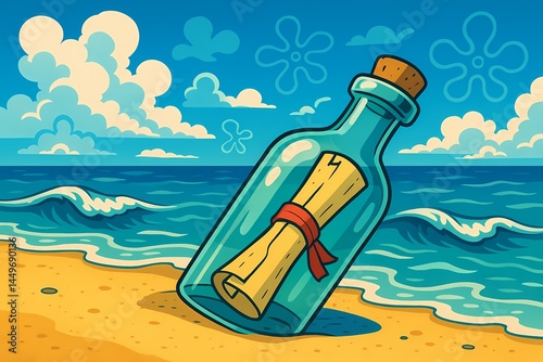 Message in a Bottle on the Beach with Turquoise Ocean Background  