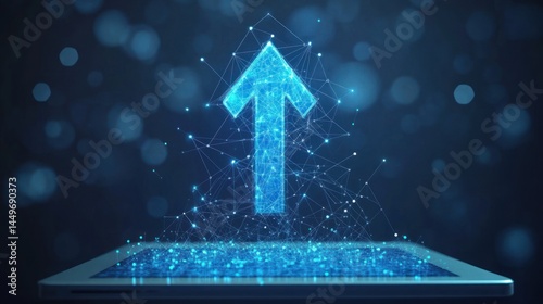 Digital upward arrow emerging from tablet