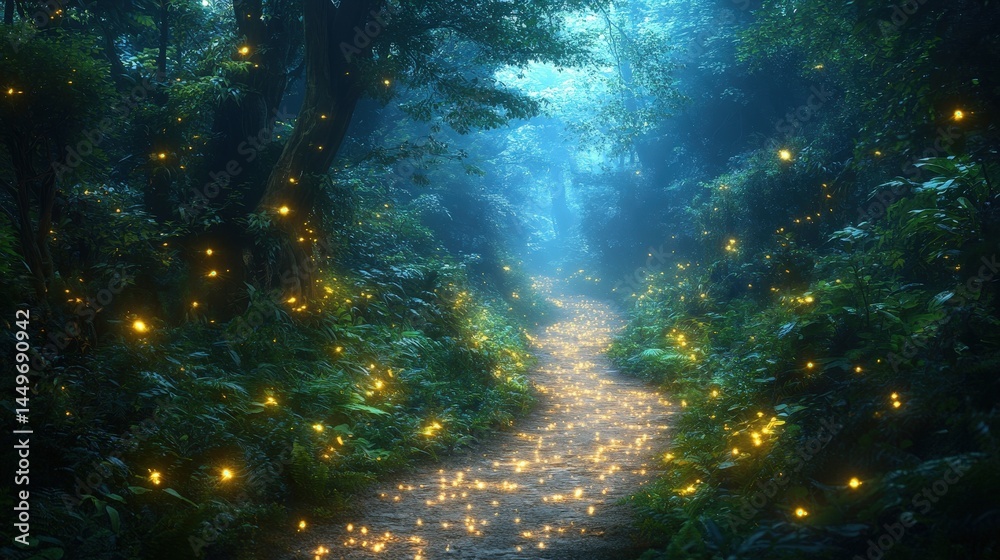 Fototapeta premium Mystical forest path illuminated by glowing fireflies.