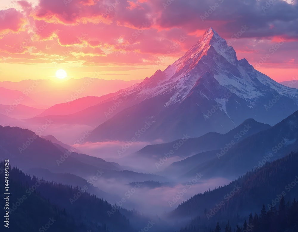 Illustration majestic mountain range at sunset. Panorama view, vibrant colors. Sky with red clouds, sun shining on snowy peaks. Nature landscape, art design image, wallpaper.