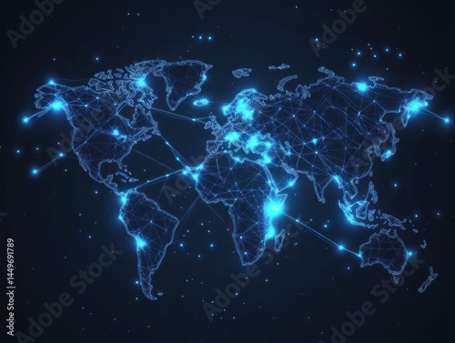 Global network connection, glowing world map.
