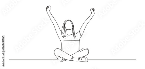continuous one line art of a woman sitting happily in front of a laptop. vector illustration