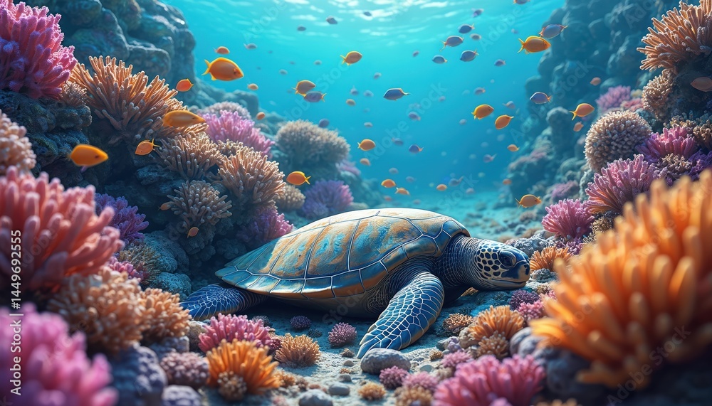 Vibrant illustration of coral reef underwater world with rainbow-colored fish and sleeping sea turtle. Marine life, ocean scene, deep blue water tropical reef.