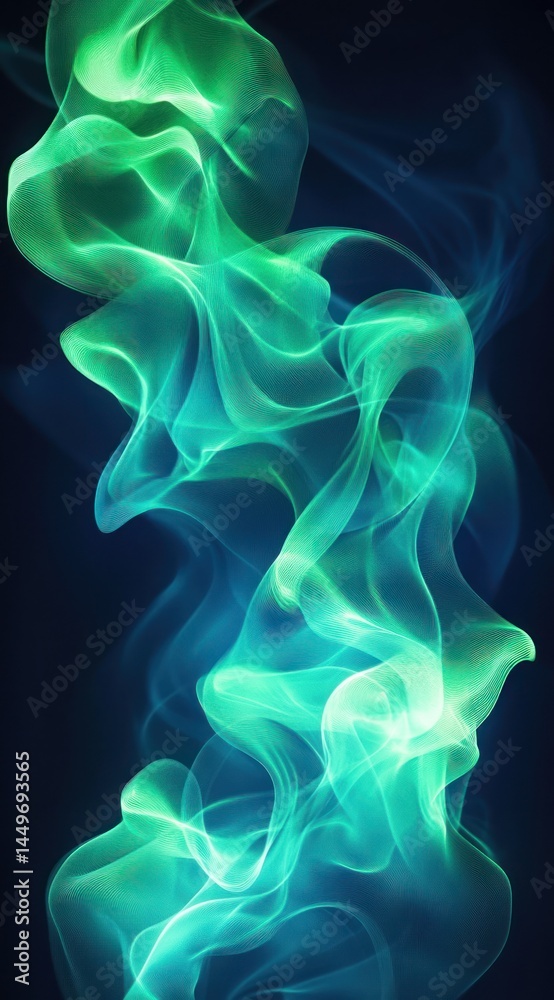 Obraz premium Glowing emerald smoke swirls in a dark background, ideal for digital art or abstract background usage