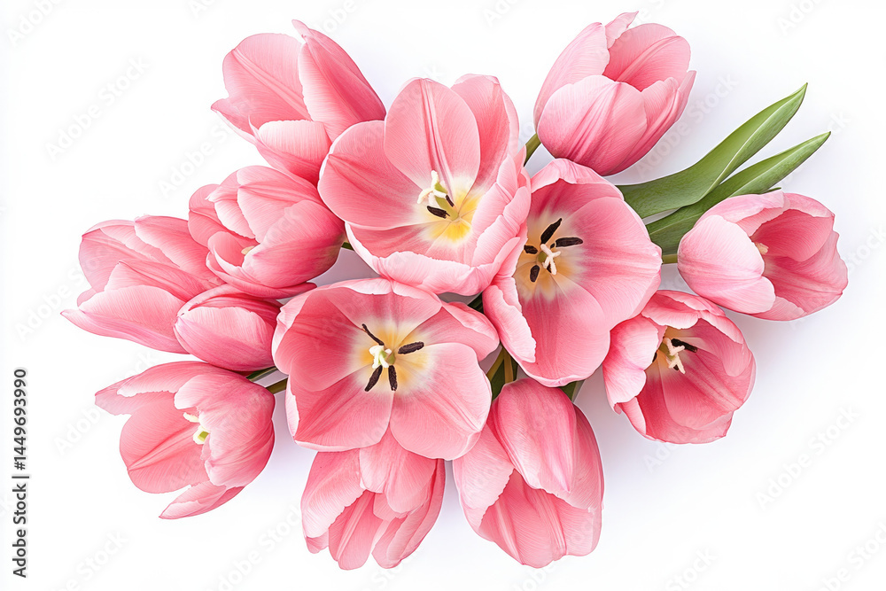 Obraz premium Bouquet of pink tulips captured on white background, symbolizing beauty, love, and springtime freshness. 