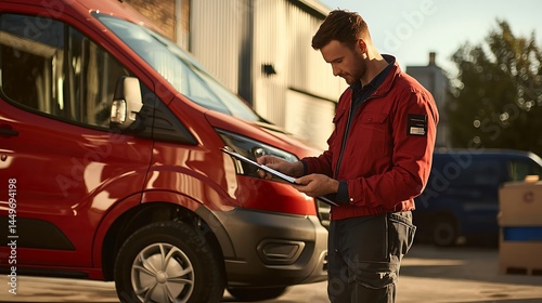 Man in a red jacket is looking at a clipboard while standing next to a red van