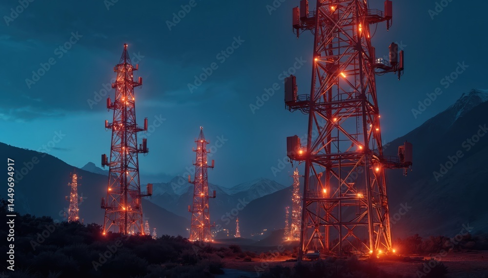Night illustration telecommunication towers against mountain background. Modern telecom infrastructure, data streams transmitting signal, wireless connection. Digital network, cyberspace, global