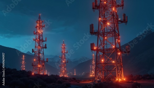 Obraz na płótnie Night illustration telecommunication towers against mountain background. Modern telecom infrastructure, data streams transmitting signal, wireless connection. Digital network, cyberspace, global w salonie