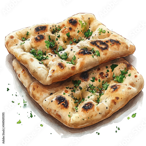 Naan Bread Sprinkled With Nigella Seeds, vector watercolor illustration, isolated on a white background.