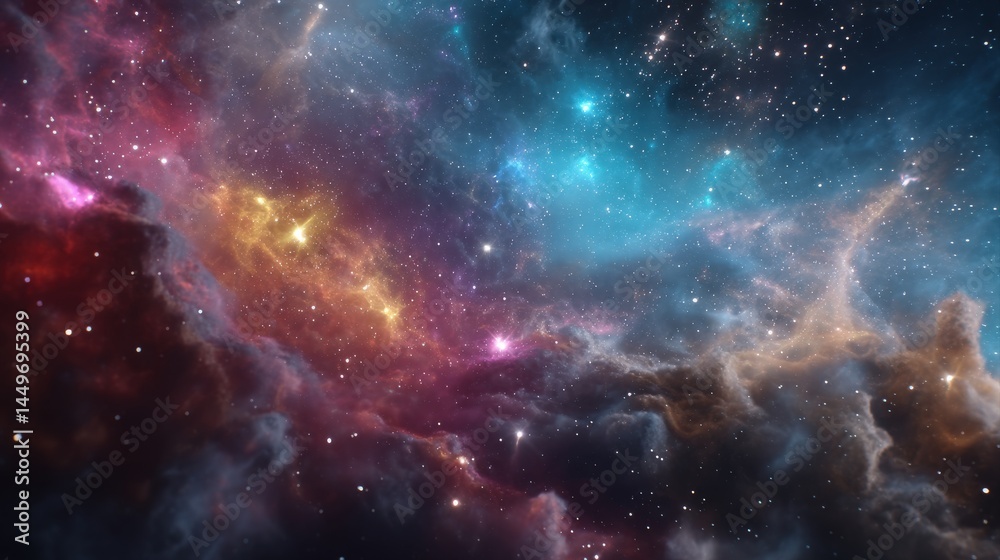 Naklejka premium A breathtaking view of a nebula, swirling with vibrant colors of pink, orange, and teal, speckled with countless stars.