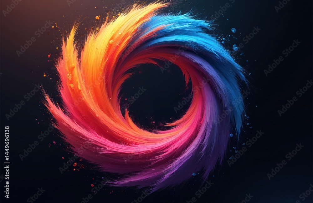 Abstract colorful swirl spiral on black background. Vivid vortex design element with dynamic vibrant brush strokes. Digital art for posters banners design templates.