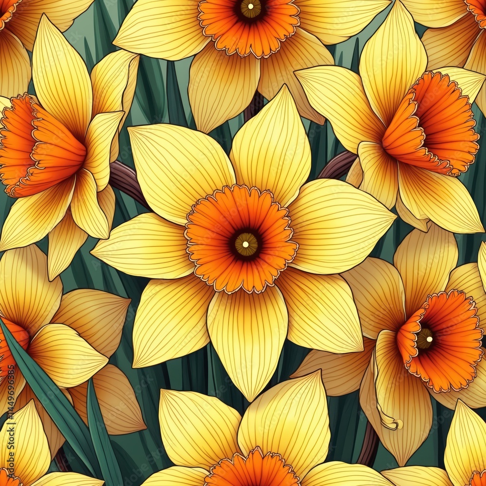 Close-up of yellow daffodils with orange centers. Floral pattern. Detailed line art. Springtime background. Bright vibrant colors. Spring floral design for wallpaper and textile print.