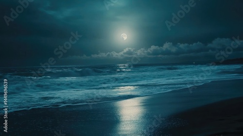 Ocean Night Serenity: Moonlit Waves Embrace Sandy Shore